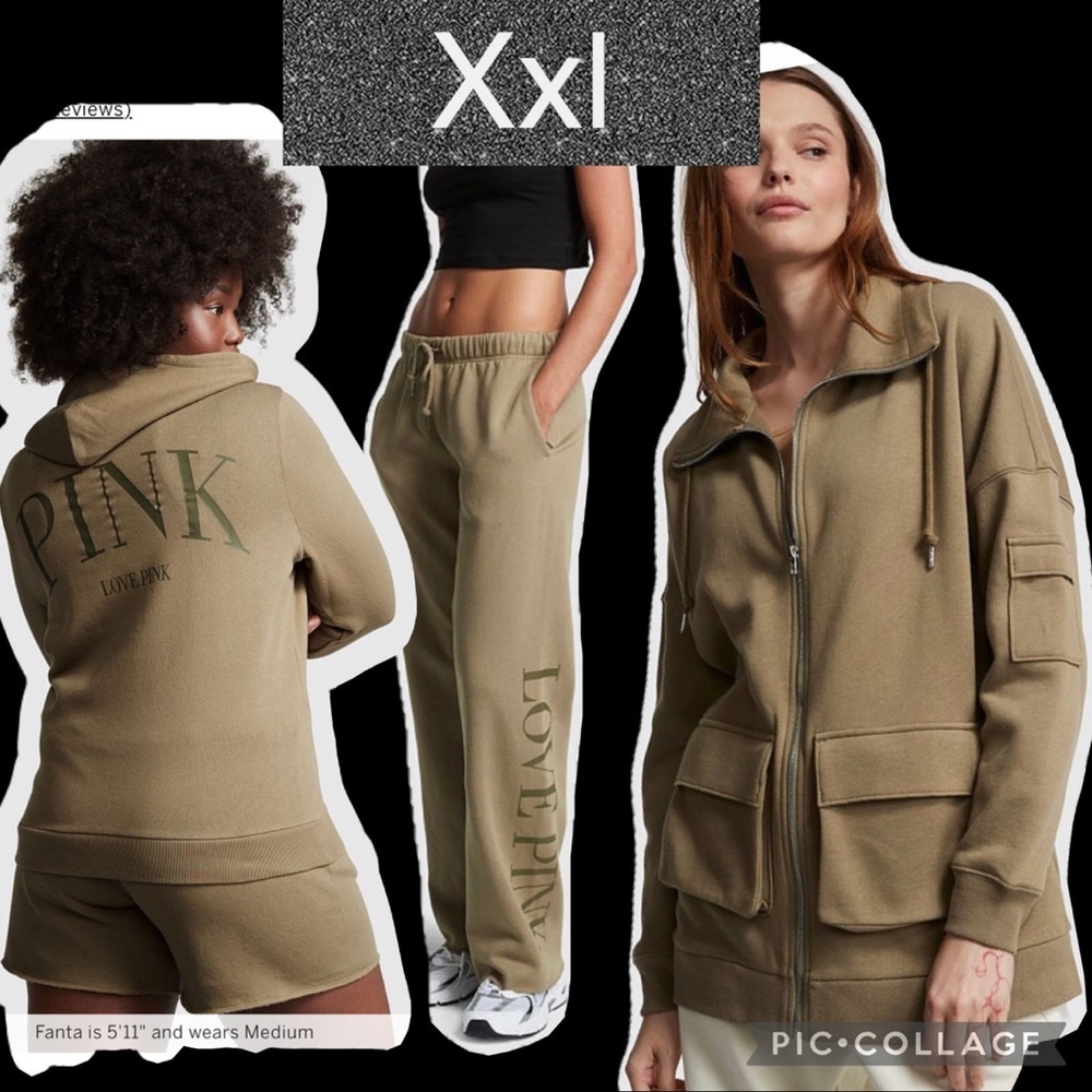Vs pink fleece cargo jacket fleece wide leg sweatpants zip up hoodie dusty olive